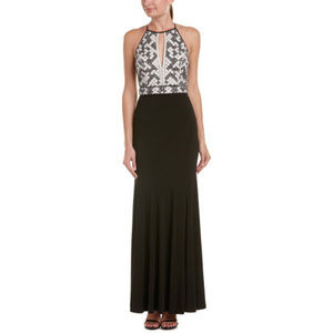 Black & White Halter Neck Beaded Formal Gown